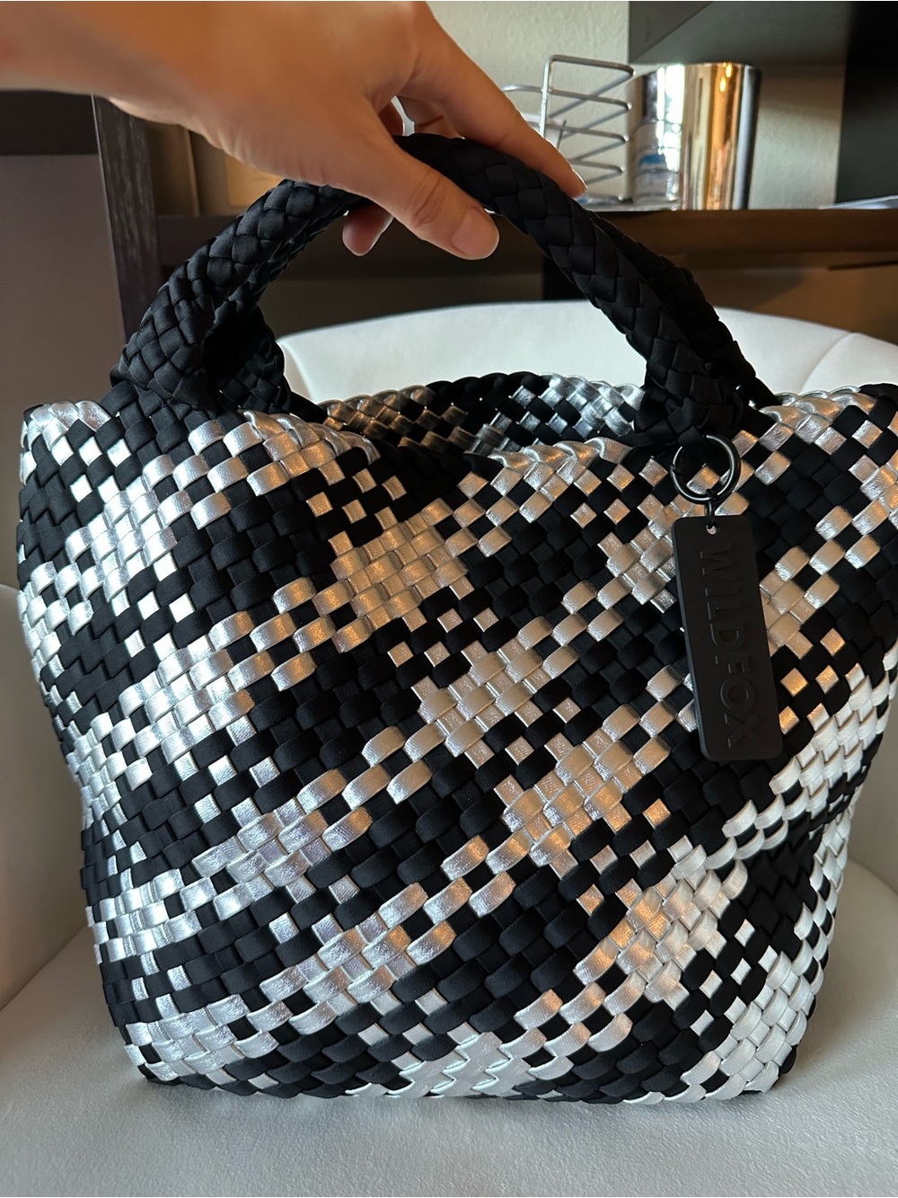 EUC Wildfox Large Noir Woven Tote Bag - Black & Silver Checked